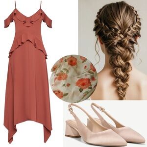 BCBGMAXAZRIA Satin Drape Ruffle Midi Formal Dress Garden Wedding Bridesmaid S